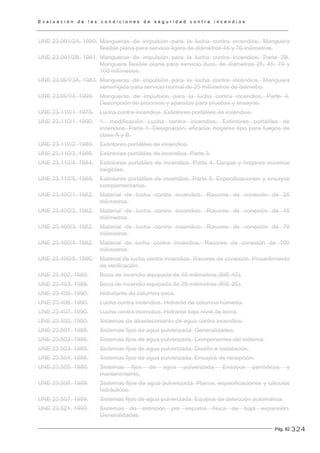 E v a l u a c i ó n d e l a s c o n d i c i o n e s d e s e g u r i d a d c o n t r a i n c e n d i o s
Pág. 82
UNE 23.091/2A. 1990. Mangueras de impulsión para la lucha contra incendios. Manguera
flexible plana para servicio ligero de diámetros 45 y 70 milímetros.
UNE 23.091/2B. 1981. Mangueras de impulsión para la lucha contra incendios. Parte 2B.
Manguera flexible plana para servicio duro, de diámetros 25, 45, 70 y
100 milímetros.
UNE 23.091/3A. 1983. Mangueras de impulsión para la lucha contra incendios. Manguera
semirrígida para servicio normal de 25 milímetros de diámetro.
UNE 23.091/4. 1990. Mangueras de impulsión para la lucha contra incendios. Parte 4.
Descripción de procesos y aparatos para pruebas y ensayos.
UNE 23.110/1. 1975. Lucha contra incendios. Extintores portátiles de incendios.
UNE 23.110/1. 1990. 1. modificación Lucha contra incendios. Extintores portátiles de
incendios. Parte 1. Designación, eficacia; hogares tipo para fuegos de
clase A y B.
UNE 23.110/2. 1980. Extintores portátiles de incendios.
UNE 23.110/3. 1986. Extintores portátiles de incendios. Parte 3.
UNE 23.110/4. 1984. Extintores portátiles de incendios. Parte 4. Cargas y hogares mínimos
exigibles.
UNE 23.110/5. 1985. Extintores portátiles de incendios. Parte 5. Especificaciones y ensayos
complementarios.
UNE 23.400/1. 1982. Material de lucha contra incendios. Racores de conexión de 25
milímetros.
UNE 23.400/2. 1982. Material de lucha contra incendios. Racores de conexión de 45
milímetros.
UNE 23.400/3. 1982. Material de lucha contra incendios. Racores de conexión de 70
milímetros.
UNE 23.400/4. 1982. Material de lucha contra incendios. Racores de conexión de 100
milímetros.
UNE 23.400/5. 1990. Material de lucha contra incendios. Racores de conexión. Procedimiento
de verificación.
UNE 23.402. 1989. Boca de incendio equipada de 45 milímetros (BIE-45).
UNE 23.403. 1989. Boca de incendio equipada de 25 milímetros (BIE-25).
UNE 23.405. 1990. Hidratante de columna seca.
UNE 23.406. 1990. Lucha contra incendios. Hidrante de columna húmeda.
UNE 23.407. 1990. Lucha contra incendios. Hidrante bajo nivel de tierra.
UNE 23.500. 1990. Sistemas de abastecimiento de agua contra incendios.
UNE 23.501. 1988. Sistemas fijos de agua pulverizada. Generalidades.
UNE 23.502. 1986. Sistemas fijos de agua pulverizada. Componentes del sistema.
UNE 23.503. 1989. Sistemas fijos de agua pulverizada. Diseño e instalación.
UNE 23.504. 1986. Sistemas fijos de agua pulverizada. Ensayos de recepción.
UNE 23.505. 1986. Sistemas fijos de agua pulverizada. Ensayos periódicos y
mantenimiento.
UNE 23.506. 1989. Sistemas fijos de agua pulverizada. Planos, especificaciones y cálculos
hidráulicos.
UNE 23.507. 1989. Sistemas fijos de agua pulverizada. Equipos de detección automática.
UNE 23.521. 1990. Sistemas de extinción por espuma física de baja expansión.
Generalidades.
324
 