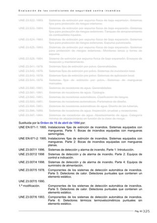 E v a l u a c i ó n d e l a s c o n d i c i o n e s d e s e g u r i d a d c o n t r a i n c e n d i o s
Pág. 83
UNE 23.522. 1983. Sistemas de extinción por espuma física de baja expansión. Sistemas
fijos para protección de riesgos interiores.
UNE 23.523. 1984. Sistemas de extinción por espuma física de baja expansión. Sistemas
fijos para protección de riesgos exteriores. Tanques de almacenamiento
de combustibles líquidos.
UNE 23.524. 1983. Sistemas de extinción por espuma física de baja expansión. Sistemas
fijos para protección de riesgos exteriores. Espuma pulverizada.
UNE 23.525. 1983. Sistemas de extinción por espuma física de baja expansión. Sistemas
para protección de riesgos exteriores. Monitores lanza y torres de
espuma.
UNE 23.526. 1984. Sistema de extinción por espuma física de baja expansión. Ensayos de
recepción y mantenimiento.
UNE 23.541. 1979. Sistemas fijos de extinción por polvo. Generalidades.
UNE 23.542. 1979. Sistemas fijos de extinción por polvo. Sistemas de inundación total.
UNE 23.543. 1979. Sistemas fijos de extinción por polvo. Sistemas de aplicación local.
UNE 23.544. 1979. Sistemas fijos de extinción por polvo. Sistemas de mangueras
manuales.
UNE 23.590. 1981. Sistemas de rociadores de agua. Generalidades.
UNE 23.591. 1981. Sistemas de rociadores de agua. Tipología.
UNE 23.592. 1981. Sistemas de rociadores automáticos. Clasificación de riesgos.
UNE 23.593. 1981. Sistemas de rociadores automáticos. Parámetros de diseño.
UNE 23.594. 1981. Sistemas de rociadores automáticos de agua. Diseño de las tuberías.
UNE 23.596. 1989. Sistemas de rociadores de agua. Inspección, pruebas y recepciones.
UNE 23.597. 1984. Sistemas de rociadores de agua. Abastecimiento de agua. Categoría
mínima de abastecimiento en función de la clase de riesgo.
Sustituida por la Orden de 16 de abril de 1994 por:
UNE EN 671-1: 1995. Instalaciones fijas de extinción de incendios. Sistemas equipados con
mangueras. Parte 1: Bocas de incendios equipadas con mangueras
semirrígidas.
UNE EN 671-2: 1995. Instalaciones fijas de extinción de incendios. Sistemas equipados con
mangueras. Parte 2: Bocas de incendios equipadas con mangueras
planas.
UNE 23.007/1 1996. Sistemas de detección y alarma de incendio. Parte 1: Introducción.
UNE 23.007/2 1998 Sistemas de detección y de alarma de incendio. Parte 2: Equipos de
control e indicación.
UNE 23.007/4 1998. Sistemas de detección y de alarma de incendio. Parte 4: Equipos de
suministro de alimentación.
UNE 23.007/5 1978. Componentes de los sistemas de detección automática de incendios.
Parte 5: Detectores de calor. Detectores puntuales que contienen un
elemento estático.
UNE 23.007/5 1990.
1.ª modificación. Componentes de los sistemas de detección automática de incendios.
Parte 5: Detectores de calor. Detectores puntuales que contienen un
elemento estático.
UNE 23.007/6 1993. Componentes de los sistemas de detección automática de incendios.
Parte 6: Detectores térmicos termovelocimétricos puntuales sin
elemento estático.
325
 