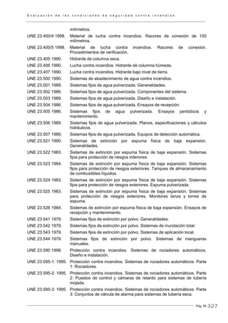 E v a l u a c i ó n d e l a s c o n d i c i o n e s d e s e g u r i d a d c o n t r a i n c e n d i o s
Pág. 85
milímetros.
UNE 23.400/4 1998. Material de lucha contra incendios. Racores de conexión de 100
milímetros.
UNE 23.400/5 1998. Material de lucha contra incendios. Racores de conexión.
Procedimientos de verificación.
UNE 23.405 1990. Hidrante de columna seca.
UNE 23.406 1990. Lucha contra incendios. Hidrante de columna húmeda.
UNE 23.407 1990. Lucha contra incendios. Hidrante bajo nivel de tierra.
UNE 23.500 1990. Sistemas de abastecimiento de agua contra incendios.
UNE 23.501 1988. Sistemas fijos de agua pulverizada. Generalidades.
UNE 23.502 1986. Sistemas fijos de agua pulverizada. Componentes del sistema.
UNE 23.503 1989. Sistemas fijos de agua pulverizada. Diseño e instalación.
UNE 23.504 1986. Sistemas fijos de agua pulverizada. Ensayos de recepción.
UNE 23.505 1986. Sistemas fijos de agua pulverizada. Ensayos periódicos y
mantenimiento.
UNE 23.506 1989. Sistemas fijos de agua pulverizada. Planos, especificaciones y cálculos
hidráulicos.
UNE 23.507 1989. Sistemas fijos de agua pulverizada. Equipos de detección automática.
UNE 23.521 1990. Sistemas de extinción por espuma física de baja expansión.
Generalidades.
UNE 23.522 1983. Sistemas de extinción por espuma física de baja expansión. Sistemas
fijos para protección de riesgos interiores.
UNE 23.523 1984. Sistemas de extinción por espuma física de baja expansión. Sistemas
fijos para protección de riesgos exteriores. Tanques de almacenamiento
de combustibles líquidos.
UNE 23.524 1983. Sistemas de extinción por espuma física de baja expansión. Sistemas
fijos para protección de riesgos exteriores. Espuma pulverizada.
UNE 23.525 1983. Sistemas de extinción por espuma física de baja expansión. Sistemas
para protección de riesgos exteriores. Monitores lanza y torres de
espuma.
UNE 23.526 1984. Sistemas de extinción por espuma física de baja expansión. Ensayos de
recepción y mantenimiento.
UNE 23.541 1979. Sistemas fijos de extinción por polvo. Generalidades.
UNE 23.542 1979. Sistemas fijos de extinción por polvo. Sistemas de inundación total.
UNE 23.543 1979. Sistemas fijos de extinción por polvo. Sistemas de aplicación local.
UNE 23.544 1979. Sistemas fijos de extinción por polvo. Sistemas de mangueras
manuales.
UNE 23.590 1998. Protección contra incendios. Sistemas de rociadores automáticos.
Diseño e instalación.
UNE 23.595-1: 1995. Protección contra incendios. Sistemas de rociadores automáticos. Parte
1: Rociadores.
UNE 23.595-2: 1995. Protección contra incendios. Sistemas de rociadores automáticos. Parte
2: Puestos de control y cámaras de retardo para sistemas de tubería
mojada.
UNE 23.595-3: 1995. Protección contra incendios. Sistemas de rociadores automáticos. Parte
3: Conjuntos de válvula de alarma para sistemas de tubería seca.
327
 