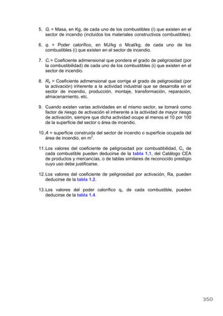 5. Gi = Masa, en Kg, de cada uno de los combustibles (i) que existen en el
sector de incendio (incluidos los materiales constructivos combustibles).
6. qi = Poder calorífico, en MJ/kg o Mcal/kg, de cada uno de los
combustibles (i) que existen en el sector de incendio.
7. Ci = Coeficiente adimensional que pondera el grado de peligrosidad (por
la combustibilidad) de cada uno de los combustibles (i) que existen en el
sector de incendio.
8. Ra = Coeficiente adimensional que corrige el grado de peligrosidad (por
la activación) inherente a la actividad industrial que se desarrolla en el
sector de incendio, producción, montaje, transformación, reparación,
almacenamiento, etc.
9. Cuando existen varias actividades en el mismo sector, se tomará como
factor de riesgo de activación el inherente a la actividad de mayor riesgo
de activación, siempre que dicha actividad ocupe al menos el 10 por 100
de la superficie del sector o área de incendio.
10.A = superficie construida del sector de incendio o superficie ocupada del
área de incendio, en m2
.
11.Los valores del coeficiente de peligrosidad por combustibilidad, Ci, de
cada combustible pueden deducirse de la tabla 1.1, del Catálogo CEA
de productos y mercancías, o de tablas similares de reconocido prestigio
cuyo uso debe justificarse.
12.Los valores del coeficiente de peligrosidad por activación, Ra, pueden
deducirse de la tabla 1.2.
13.Los valores del poder calorífico qi, de cada combustible, pueden
deducirse de la tabla 1.4.
350
 