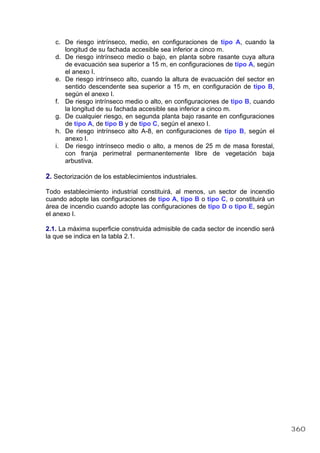 c. De riesgo intrínseco, medio, en configuraciones de tipo A, cuando la
longitud de su fachada accesible sea inferior a cinco m.
d. De riesgo intrínseco medio o bajo, en planta sobre rasante cuya altura
de evacuación sea superior a 15 m, en configuraciones de tipo A, según
el anexo I.
e. De riesgo intrínseco alto, cuando la altura de evacuación del sector en
sentido descendente sea superior a 15 m, en configuración de tipo B,
según el anexo I.
f. De riesgo intrínseco medio o alto, en configuraciones de tipo B, cuando
la longitud de su fachada accesible sea inferior a cinco m.
g. De cualquier riesgo, en segunda planta bajo rasante en configuraciones
de tipo A, de tipo B y de tipo C, según el anexo I.
h. De riesgo intrínseco alto A-8, en configuraciones de tipo B, según el
anexo I.
i. De riesgo intrínseco medio o alto, a menos de 25 m de masa forestal,
con franja perimetral permanentemente libre de vegetación baja
arbustiva.
2. Sectorización de los establecimientos industriales.
Todo establecimiento industrial constituirá, al menos, un sector de incendio
cuando adopte las configuraciones de tipo A, tipo B o tipo C, o constituirá un
área de incendio cuando adopte las configuraciones de tipo D o tipo E, según
el anexo I.
2.1. La máxima superficie construida admisible de cada sector de incendio será
la que se indica en la tabla 2.1.
360
 