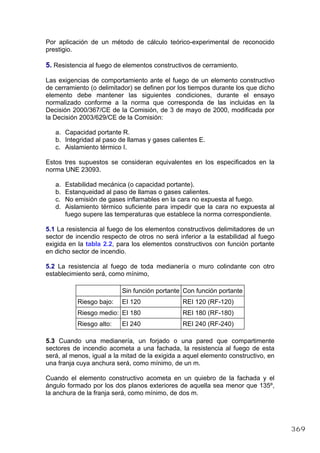 Por aplicación de un método de cálculo teórico-experimental de reconocido
prestigio.
5. Resistencia al fuego de elementos constructivos de cerramiento.
Las exigencias de comportamiento ante el fuego de un elemento constructivo
de cerramiento (o delimitador) se definen por los tiempos durante los que dicho
elemento debe mantener las siguientes condiciones, durante el ensayo
normalizado conforme a la norma que corresponda de las incluidas en la
Decisión 2000/367/CE de la Comisión, de 3 de mayo de 2000, modificada por
la Decisión 2003/629/CE de la Comisión:
a. Capacidad portante R.
b. Integridad al paso de llamas y gases calientes E.
c. Aislamiento térmico I.
Estos tres supuestos se consideran equivalentes en los especificados en la
norma UNE 23093.
a. Estabilidad mecánica (o capacidad portante).
b. Estanqueidad al paso de llamas o gases calientes.
c. No emisión de gases inflamables en la cara no expuesta al fuego.
d. Aislamiento térmico suficiente para impedir que la cara no expuesta al
fuego supere las temperaturas que establece la norma correspondiente.
5.1 La resistencia al fuego de los elementos constructivos delimitadores de un
sector de incendio respecto de otros no será inferior a la estabilidad al fuego
exigida en la tabla 2.2, para los elementos constructivos con función portante
en dicho sector de incendio.
5.2 La resistencia al fuego de toda medianería o muro colindante con otro
establecimiento será, como mínimo,
Sin función portante Con función portante
Riesgo bajo: EI 120 REI 120 (RF-120)
Riesgo medio: EI 180 REI 180 (RF-180)
Riesgo alto: EI 240 REI 240 (RF-240)
5.3 Cuando una medianería, un forjado o una pared que compartimente
sectores de incendio acometa a una fachada, la resistencia al fuego de esta
será, al menos, igual a la mitad de la exigida a aquel elemento constructivo, en
una franja cuya anchura será, como mínimo, de un m.
Cuando el elemento constructivo acometa en un quiebro de la fachada y el
ángulo formado por los dos planos exteriores de aquella sea menor que 135º,
la anchura de la franja será, como mínimo, de dos m.
369
 