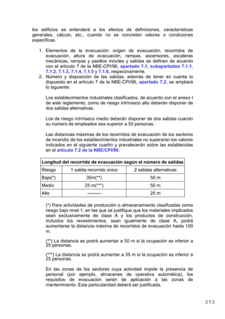 los edificios se entenderá a los efectos de definiciones, características
generales, cálculo, etc., cuando no se concreten valores o condiciones
específicas.
1. Elementos de la evacuación: origen de evacuación, recorridos de
evacuación, altura de evacuación, rampas, ascensores, escaleras
mecánicas, rampas y pasillos móviles y salidas se definen de acuerdo
con el artículo 7 de la NBE-CPI/96, apartado 7.1, subapartados 7.1.1,
7.1.2, 7.1.3, 7.1.4, 7.1.5 y 7.1.6, respectivamente.
2. Número y disposición de las salidas: además de tener en cuenta lo
dispuesto en el artículo 7 de la NBE-CPI/96, apartado 7.2, se ampliará
lo siguiente:
Los establecimientos industriales clasificados, de acuerdo con el anexo I
de este reglamento, como de riesgo intrínseco alto deberán disponer de
dos salidas alternativas.
Los de riesgo intrínseco medio deberán disponer de dos salidas cuando
su número de empleados sea superior a 50 personas.
Las distancias máximas de los recorridos de evacuación de los sectores
de incendio de los establecimientos industriales no superarán los valores
indicados en el siguiente cuadro y prevalecerán sobre las establecidas
en el artículo 7.2 de la NBE/CPI/96:
Longitud del recorrido de evacuación según el número de salidas
Riesgo 1 salida recorrido único 2 salidas alternativas
Bajo(*) 35m(**) 50 m
Medio 25 m(***) 50 m
Alto --------- 25 m
(*) Para actividades de producción o almacenamiento clasificadas como
riesgo bajo nivel 1, en las que se justifique que los materiales implicados
sean exclusivamente de clase A y los productos de construcción,
incluidos los revestimientos, sean igualmente de clase A, podrá
aumentarse la distancia máxima de recorridos de evacuación hasta 100
m.
(**) La distancia se podrá aumentar a 50 m si la ocupación es inferior a
25 personas.
(***) La distancia se podrá aumentar a 35 m si la ocupación es inferior a
25 personas.
En las zonas de los sectores cuya actividad impide la presencia de
personal (por ejemplo, almacenes de operativa automática), los
requisitos de evacuación serán de aplicación a las zonas de
mantenimiento. Esta particularidad deberá ser justificada.
373
 
