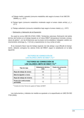 a) Trabajo medio o pesado (consumo metabólico alto según el anexo A de UNE EN
28996) y ta ≥ 25°C.
b) Trabajo ligero (consumo metabólico moderado según el anexo citado arriba) y ta ≥
27°C.
c) Trabajo sedentario (consumo metabólico bajo según el anexo citado) y ta ≥ 30°C.
- Estimación y Valoración de la Exposición
Se usará la norma UNE EN 27243 (1995): “Ambientes calurosos. Estimación del estrés
térmico del hombre en el trabajo basado en el índice WBGT (temperatura húmeda y tempe-
ratura de globo)”, con las limitaciones que la propia norma establece: trabajador vestido con
indumentaria veraniega (Icl = 0,6 clo) y exposiciones no muy cortas al calor.
Si es necesario llevar ropa de trabajo especial, de más abrigo o que dificulte la transpi-
ración, deberán corregirse los valores límite del WBGT, según lo establecido en la tabla
siguiente:
39
FACTORES DE CORRECCIÓN DE
LOS VALORES LÍMITE DE WBGT (°C)15
FACTORES DE CORRECCIÓN DE
LOS VALORES LÍMITE DE WBGT (°C)15
Tipo de ropa
Aislamiento térmico
(clo)
Factor de corrección
(°C)
Ropa de trabajo de verano 0,6 0
Bata de algodón o mono 1,0 - 2
Ropa de trabajo de invierno 1,4 - 4
Protección antihumedad,
permeable
1,2 - 6
15
Tomados de la Guía Técnica de Lugares de Trabajo, del INSHT.
Los instrumentos y métodos de medida se ajustarán a lo especificado en UNE EN ISO
7726 (2002).
 