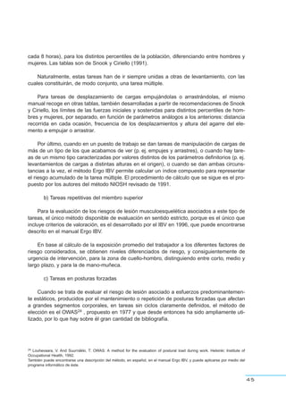 cada 8 horas), para los distintos percentiles de la población, diferenciando entre hombres y
mujeres. Las tablas son de Snook y Ciriello (1991).
Naturalmente, estas tareas han de ir siempre unidas a otras de levantamiento, con las
cuales constituirán, de modo conjunto, una tarea múltiple.
Para tareas de desplazamiento de cargas empujándolas o arrastrándolas, el mismo
manual recoge en otras tablas, también desarrolladas a partir de recomendaciones de Snook
y Ciriello, los límites de las fuerzas iniciales y sostenidas para distintos percentiles de hom-
bres y mujeres, por separado, en función de parámetros análogos a los anteriores: distancia
recorrida en cada ocasión, frecuencia de los desplazamientos y altura del agarre del ele-
mento a empujar o arrastrar.
Por último, cuando en un puesto de trabajo se dan tareas de manipulación de cargas de
más de un tipo de los que acabamos de ver (p. ej. empujes y arrastres), o cuando hay tare-
as de un mismo tipo caracterizadas por valores distintos de los parámetros definitorios (p. ej.
levantamientos de cargas a distintas alturas en el origen), o cuando se dan ambas circuns-
tancias a la vez, el método Ergo IBV permite calcular un índice compuesto para representar
el riesgo acumulado de la tarea múltiple. El procedimiento de cálculo que se sigue es el pro-
puesto por los autores del método NIOSH revisado de 1991.
b) Tareas repetitivas del miembro superior
Para la evaluación de los riesgos de lesión musculoesquelética asociados a este tipo de
tareas, el único método disponible de evaluación en sentido estricto, porque es el único que
incluye criterios de valoración, es el desarrollado por el IBV en 1996, que puede encontrarse
descrito en el manual Ergo IBV.
En base al cálculo de la exposición promedio del trabajador a los diferentes factores de
riesgo considerados, se obtienen niveles diferenciados de riesgo, y consiguientemente de
urgencia de intervención, para la zona de cuello-hombro, distinguiendo entre corto, medio y
largo plazo, y para la de mano-muñeca.
c) Tareas en posturas forzadas
Cuando se trata de evaluar el riesgo de lesión asociado a esfuerzos predominantemen-
te estáticos, producidos por el mantenimiento o repetición de posturas forzadas que afectan
a grandes segmentos corporales, en tareas sin ciclos claramente definidos, el método de
elección es el OWAS24 , propuesto en 1977 y que desde entonces ha sido ampliamente uti-
lizado, por lo que hay sobre él gran cantidad de bibliografía.
45
24 Louhevaara, V. And Suurnäkki, T: OWAS: A method for the evaluation of postural load during work. Helsinki: Institute of
Occupational Health, 1992.
También puede encontrarse una descripción del método, en español, en el manual Ergo IBV, y puede aplicarse por medio del
programa informático de éste.
 