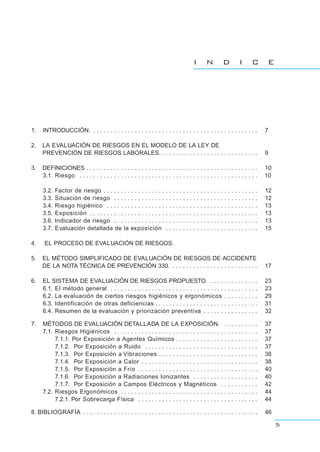 5
I N D I C E
1. INTRODUCCIÓN. . . . . . . . . . . . . . . . . . . . . . . . . . . . . . . . . . . . . . . . . . . . . . . . . 7
2. LA EVALUACIÓN DE RIESGOS EN EL MODELO DE LA LEY DE
PREVENCIÓN DE RIESGOS LABORALES. . . . . . . . . . . . . . . . . . . . . . . . . . . . . 9
3. DEFINICIONES . . . . . . . . . . . . . . . . . . . . . . . . . . . . . . . . . . . . . . . . . . . . . . . . . . 10
3.1. Riesgo . . . . . . . . . . . . . . . . . . . . . . . . . . . . . . . . . . . . . . . . . . . . . . . . . . . . 10
3.2. Factor de riesgo . . . . . . . . . . . . . . . . . . . . . . . . . . . . . . . . . . . . . . . . . . . . . 12
3.3. Situación de riesgo . . . . . . . . . . . . . . . . . . . . . . . . . . . . . . . . . . . . . . . . . . 12
3.4. Riesgo higiénico . . . . . . . . . . . . . . . . . . . . . . . . . . . . . . . . . . . . . . . . . . . . 13
3.5. Exposición . . . . . . . . . . . . . . . . . . . . . . . . . . . . . . . . . . . . . . . . . . . . . . . . . 13
3.6. Indicador de riesgo . . . . . . . . . . . . . . . . . . . . . . . . . . . . . . . . . . . . . . . . . . 13
3.7. Evaluación detallada de la exposición . . . . . . . . . . . . . . . . . . . . . . . . . . . 15
4. EL PROCESO DE EVALUACIÓN DE RIESGOS.
5. EL MÉTODO SIMPLIFICADO DE EVALUACIÓN DE RIESGOS DE ACCIDENTE
DE LA NOTA TÉCNICA DE PREVENCIÓN 330. . . . . . . . . . . . . . . . . . . . . . . . . . 17
6. EL SISTEMA DE EVALUACIÓN DE RIESGOS PROPUESTO. . . . . . . . . . . . . . . 23
6.1. El método general . . . . . . . . . . . . . . . . . . . . . . . . . . . . . . . . . . . . . . . . . . . 23
6.2. La evaluación de ciertos riesgos higiénicos y ergonómicos . . . . . . . . . . 29
6.3. Identificación de otras deficiencias . . . . . . . . . . . . . . . . . . . . . . . . . . . . . . 31
6.4. Resumen de la evaluación y priorización preventiva . . . . . . . . . . . . . . . . 32
7. MÉTODOS DE EVALUACIÓN DETALLADA DE LA EXPOSICIÓN. . . . . . . . . . . 37
7.1. Riesgos Higiénicos . . . . . . . . . . . . . . . . . . . . . . . . . . . . . . . . . . . . . . . . . . 37
7.1.1. Por Exposición a Agentes Químicos . . . . . . . . . . . . . . . . . . . . . . . . 37
7.1.2. Por Exposición a Ruido . . . . . . . . . . . . . . . . . . . . . . . . . . . . . . . . . 37
7.1.3. Por Exposición a Vibraciones . . . . . . . . . . . . . . . . . . . . . . . . . . . . . 38
7.1.4. Por Exposición a Calor . . . . . . . . . . . . . . . . . . . . . . . . . . . . . . . . . . 38
7.1.5. Por Exposición a Frío . . . . . . . . . . . . . . . . . . . . . . . . . . . . . . . . . . . 40
7.1.6. Por Exposición a Radiaciones Ionizantes . . . . . . . . . . . . . . . . . . . 40
7.1.7. Por Exposición a Campos Eléctricos y Magnéticos . . . . . . . . . . . 42
7.2. Riesgos Ergonómicos . . . . . . . . . . . . . . . . . . . . . . . . . . . . . . . . . . . . . . . . 44
7.2.1. Por Sobrecarga Física . . . . . . . . . . . . . . . . . . . . . . . . . . . . . . . . . . . 44
8. BIBLIOGRAFÍA . . . . . . . . . . . . . . . . . . . . . . . . . . . . . . . . . . . . . . . . . . . . . . . . . . . 46
 