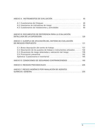 6
ANEXO A: INSTRUMENTOS DE EVALUACIÓN . . . . . . . . . . . . . . . . . . . . . . . . . . . . 49
A.1. Cuestionarios de Chequeo . . . . . . . . . . . . . . . . . . . . . . . . . . . . . . . . . . . . 49
A.2. Inventarios de indicadores de riesgo . . . . . . . . . . . . . . . . . . . . . . . . . . . . 50
A.3. Cuestionarios de instalaciones y actividades . . . . . . . . . . . . . . . . . . . . . 50
ANEXO B: DOCUMENTOS DE REFERENCIA PARA LA EVALUACIÓN
DETALLADA DE LA EXPOSICIÓN. . . . . . . . . . . . . . . . . . . . . . . . . . . . . . . . . . . . . . 129
ANEXO C: EJEMPLO DE APLICACIÓN DEL SISTEMA DE EVALUACIÓN
DE RIESGOS PROPUESTO . . . . . . . . . . . . . . . . . . . . . . . . . . . . . . . . . . . . . . . . . . . 131
C.1. Breve descripción del centro de trabajo . . . . . . . . . . . . . . . . . . . . . . . . . . 131
C.2. Descripción de los puestos de trabajo e instrumentos utilizados . . . . . . 132
C.3. Situaciones de riesgo detectadas y valoración del riesgo . . . . . . . . . . . . 138
C.4. Priorización preventiva . . . . . . . . . . . . . . . . . . . . . . . . . . . . . . . . . . . . . . . 142
Apéndice: Cuestionarios e inventarios . . . . . . . . . . . . . . . . . . . . . . . . . . . . . . 145
ANEXO D: CONDICIONES DE SEGURIDAD CONTRAINCENDIOS . . . . . . . . . . . . . 190
ANEXO E: RIESGOS PSICOSOCIALES . . . . . . . . . . . . . . . . . . . . . . . . . . . . . . . . . . 226
ANEXO F: RIESGO HIGIÉNICO POR INHALACIÓN DE AGENTES
QUÍMICOS. GENERAL . . . . . . . . . . . . . . . . . . . . . . . . . . . . . . . . . . . . . . . . . . . . . . . 235
 