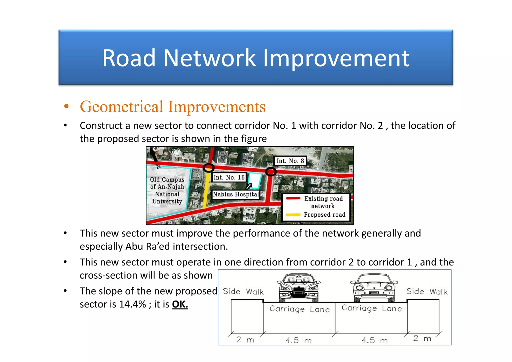 Road Network Improvement
• Geometrical Improvements
• Construct a new sector to connect corridor No. 1 with corridor No. 2 , the location of
the proposed sector is shown in the figure
• This new sector must improve the performance of the network generally and
especially Abu Ra’ed intersection.
• This new sector must operate in one direction from corridor 2 to corridor 1 , and the
cross-section will be as shown
• The slope of the new proposed
sector is 14.4% ; it is OK.
• Geometrical Improvements
• Construct a new sector to connect corridor No. 1 with corridor No. 2 , the location of
the proposed sector is shown in the figure
• This new sector must improve the performance of the network generally and
especially Abu Ra’ed intersection.
• This new sector must operate in one direction from corridor 2 to corridor 1 , and the
cross-section will be as shown
• The slope of the new proposed
sector is 14.4% ; it is OK.
 