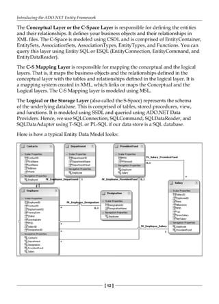 Introducing the ADO.NET Entity Framework
[ 12 ]
The Conceptual Layer or the C-Space Layer is responsible for defining the entities
and their relationships. It defines your business objects and their relationships in
XML files. The C-Space is modeled using CSDL and is comprised of EntityContainer,
EntitySets, AssociationSets, AssociationTypes, EntityTypes, and Functions. You can
query this layer using Entity SQL or ESQL (EntityConnection, EntityCommand, and
EntityDataReader).
The C-S Mapping Layer is responsible for mapping the conceptual and the logical
layers. That is, it maps the business objects and the relationships defined in the
conceptual layer with the tables and relationships defined in the logical layer. It is
a mapping system created in XML, which links or maps the Conceptual and the
Logical layers. The C-S Mapping layer is modeled using MSL.
The Logical or the Storage Layer (also called the S-Space) represents the schema
of the underlying database. This is comprised of tables, stored procedures, view,
and functions. It is modeled using SSDL and queried using ADO.NET Data
Providers. Hence, we use SQLConnection, SQLCommand, SQLDataReader, and
SQLDataAdapter using T-SQL or PL-SQL if our data store is a SQL database.
Here is how a typical Entity Data Model looks:
 