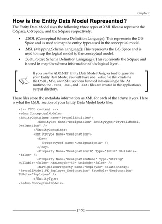 Chapter 1
[ 13 ]
How is the Entity Data Model Represented?
The Entity Data Model uses the following three types of XML files to represent the
C-Space, C-S Space, and the S-Space respectively.
.CSDL (Conceptual Schema Definition Language): This represents the C-S
Space and is used to map the entity types used in the conceptual model.
.MSL (Mapping Schema Language): This represents the C-S Space and is
used to map the logical model to the conceptual model.
.SSDL (Store Schema Definition Language): This represents the S-Space and
is used to map the schema information of the logical layer.
If you use the ADO.NET Entity Data Model Designer tool to generate
your Entity Data Model, you will have one .edmx file that contains
the CSDL, MSL, and SSDL sections bundled into one single file. At
runtime, the .csdl, .msl, and .ssdl files are created in the application's
output directory.
These files store the metadata information as XML for each of the above layers. Here
is what the CSDL section of your Entity Data Model looks like:
<!-- CSDL content -->
<edmx:ConceptualModels>
<EntityContainer Name="PayrollEntities">
<EntitySet Name="Designation" EntityType="PayrollModel.
Designation" />
</EntityContainer>
<EntityType Name="Designation">
<Key>
<PropertyRef Name="DesignationID" />
</Key>
<Property Name="DesignationID" Type="Int32" Nullable=
"false" />
<Property Name="DesignationName" Type="String"
Nullable="false" MaxLength="50" Unicode="false" />
<NavigationProperty Name="Employee" Relationship=
"PayrollModel.FK_Employee_Designation" FromRole="Designation"
ToRole="Employee" />
</EntityType>
</edmx:ConceptualModels>
•
•
•
 