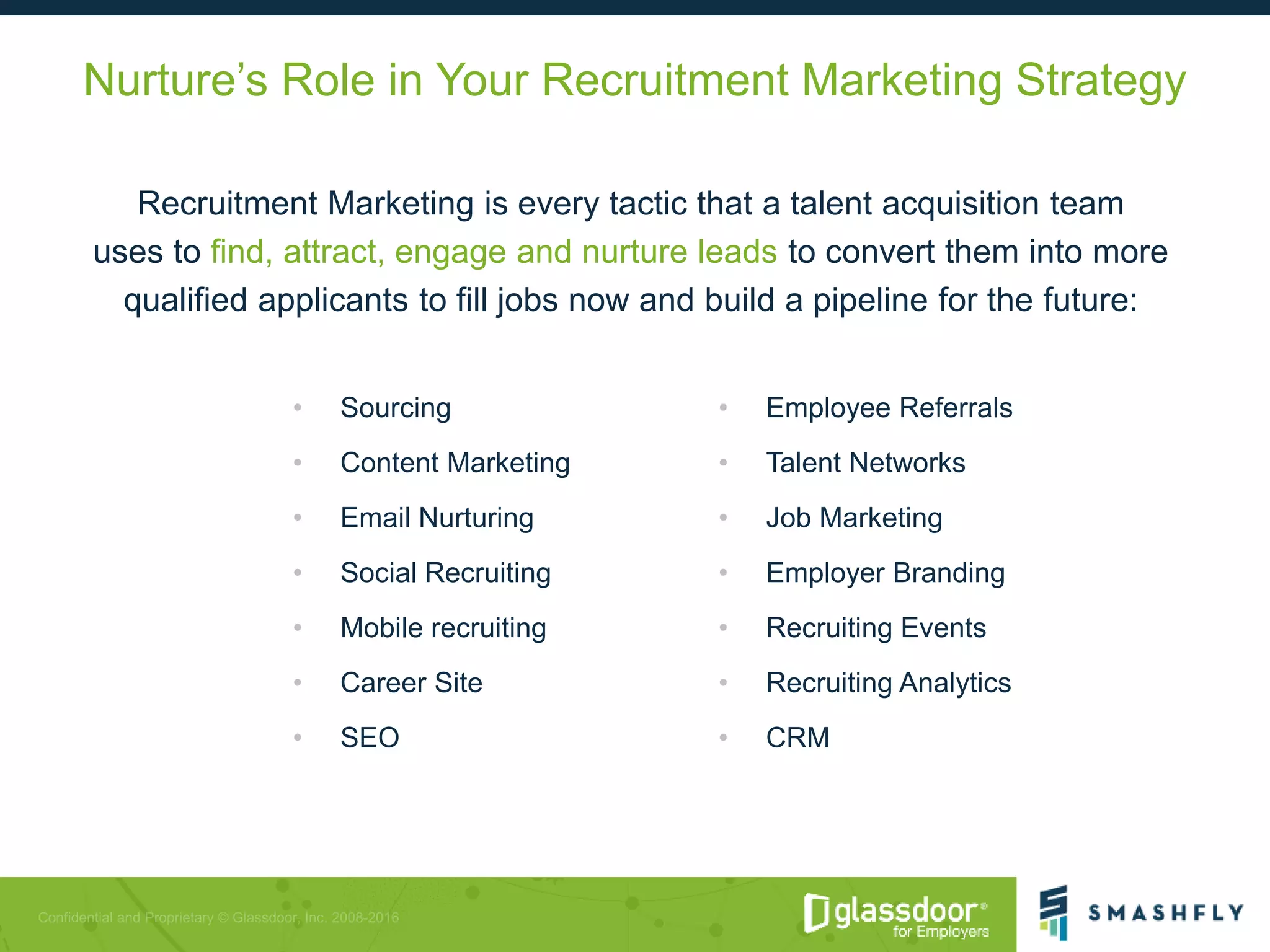 Nurture’s Role in Your Recruitment Marketing Strategy
Recruitment Marketing is every tactic that a talent acquisition team
uses to find, attract, engage and nurture leads to convert them into more
qualified applicants to fill jobs now and build a pipeline for the future:
• Employee Referrals
• Talent Networks
• Job Marketing
• Employer Branding
• Recruiting Events
• Recruiting Analytics
• CRM
• Sourcing
• Content Marketing
• Email Nurturing
• Social Recruiting
• Mobile recruiting
• Career Site
• SEO
 