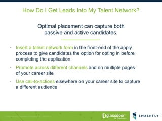 How Do I Get Leads Into My Talent Network?
Optimal placement can capture both
passive and active candidates.
• Insert a ta...