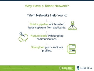Why Have a Talent Network?
Talent Networks Help You to:
1.
Build a pipeline of interested
leads separate from applicants.
...