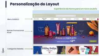 Personalização do Layout
Experiência da Home para um novo usuário
Menu Estático
Banner Promocional
Atual
Categorias listadas
 