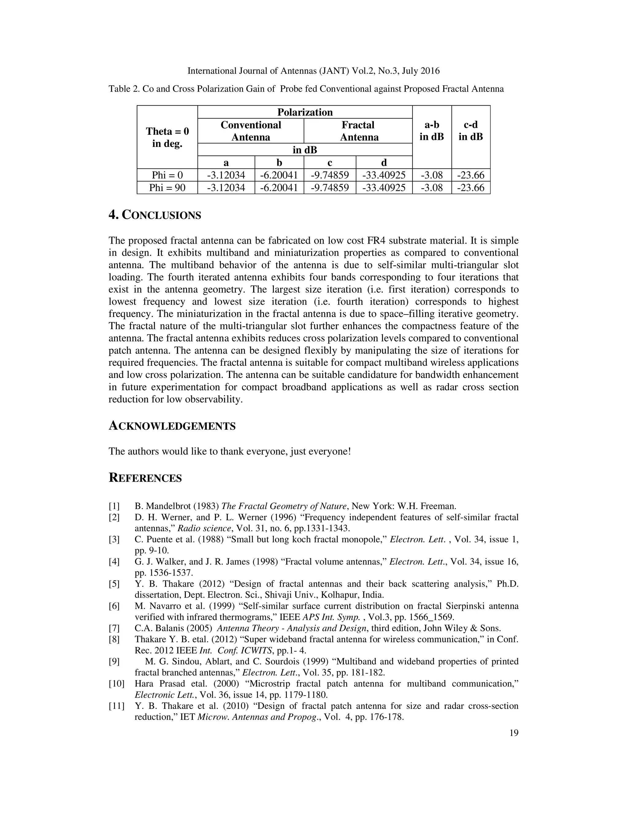 International Journal of Antennas (JANT) Vol.2, No.3, July 2016
19
Table 2. Co and Cross Polarization Gain of Probe fed Conventional against Proposed Fractal Antenna
Theta = 0
in deg.
Polarization
a-b
in dB
c-d
in dB
Conventional
Antenna
Fractal
Antenna
in dB
a b c d
Phi = 0 -3.12034 -6.20041 -9.74859 -33.40925 -3.08 -23.66
Phi = 90 -3.12034 -6.20041 -9.74859 -33.40925 -3.08 -23.66
4. CONCLUSIONS
The proposed fractal antenna can be fabricated on low cost FR4 substrate material. It is simple
in design. It exhibits multiband and miniaturization properties as compared to conventional
antenna. The multiband behavior of the antenna is due to self-similar multi-triangular slot
loading. The fourth iterated antenna exhibits four bands corresponding to four iterations that
exist in the antenna geometry. The largest size iteration (i.e. first iteration) corresponds to
lowest frequency and lowest size iteration (i.e. fourth iteration) corresponds to highest
frequency. The miniaturization in the fractal antenna is due to space–filling iterative geometry.
The fractal nature of the multi-triangular slot further enhances the compactness feature of the
antenna. The fractal antenna exhibits reduces cross polarization levels compared to conventional
patch antenna. The antenna can be designed flexibly by manipulating the size of iterations for
required frequencies. The fractal antenna is suitable for compact multiband wireless applications
and low cross polarization. The antenna can be suitable candidature for bandwidth enhancement
in future experimentation for compact broadband applications as well as radar cross section
reduction for low observability.
ACKNOWLEDGEMENTS
The authors would like to thank everyone, just everyone!
REFERENCES
[1] B. Mandelbrot (1983) The Fractal Geometry of Nature, New York: W.H. Freeman.
[2] D. H. Werner, and P. L. Werner (1996) “Frequency independent features of self-similar fractal
antennas,” Radio science, Vol. 31, no. 6, pp.1331-1343.
[3] C. Puente et al. (1988) “Small but long koch fractal monopole,” Electron. Lett. , Vol. 34, issue 1,
pp. 9-10.
[4] G. J. Walker, and J. R. James (1998) “Fractal volume antennas,” Electron. Lett., Vol. 34, issue 16,
pp. 1536-1537.
[5] Y. B. Thakare (2012) “Design of fractal antennas and their back scattering analysis,” Ph.D.
dissertation, Dept. Electron. Sci., Shivaji Univ., Kolhapur, India.
[6] M. Navarro et al. (1999) “Self-similar surface current distribution on fractal Sierpinski antenna
verified with infrared thermograms,” IEEE APS Int. Symp. , Vol.3, pp. 1566_1569.
[7] C.A. Balanis (2005) Antenna Theory - Analysis and Design, third edition, John Wiley & Sons.
[8] Thakare Y. B. etal. (2012) “Super wideband fractal antenna for wireless communication,” in Conf.
Rec. 2012 IEEE Int. Conf. ICWITS, pp.1- 4.
[9] M. G. Sindou, Ablart, and C. Sourdois (1999) “Multiband and wideband properties of printed
fractal branched antennas,” Electron. Lett., Vol. 35, pp. 181-182.
[10] Hara Prasad etal. (2000) “Microstrip fractal patch antenna for multiband communication,”
Electronic Lett., Vol. 36, issue 14, pp. 1179-1180.
[11] Y. B. Thakare et al. (2010) “Design of fractal patch antenna for size and radar cross-section
reduction,” IET Microw. Antennas and Propog., Vol. 4, pp. 176-178.
 