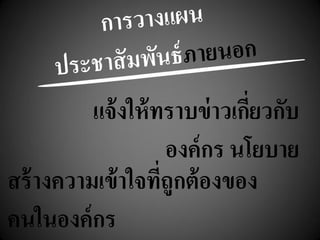 แจ้งให้ทราบข่าวเกี่ยวกับ
องค์กร นโยบาย
สร้างความเข้าใจที่ถูกต้องของ
คนในองค์กร
 