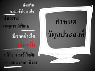 กาหนด
วัตุถประสงค์
ส่งเสริม
ความเข้าใจ สนใจ
บ่งเฉพาะ
เหตุการณ์พิเศษ
มีผลอย่างใด
อย่างหนึ่ง
แก้ไข การเข้าใจผิด
การแสดงออกเชิงลบ
 