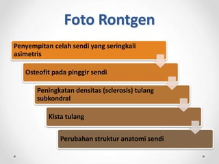 Foto Rontgen
Penyempitan celah sendi yang seringkali
asimetris
Osteofit pada pinggir sendi
Peningkatan densitas (sclerosis) tulang
subkondral
Kista tulang
Perubahan struktur anatomi sendi
 