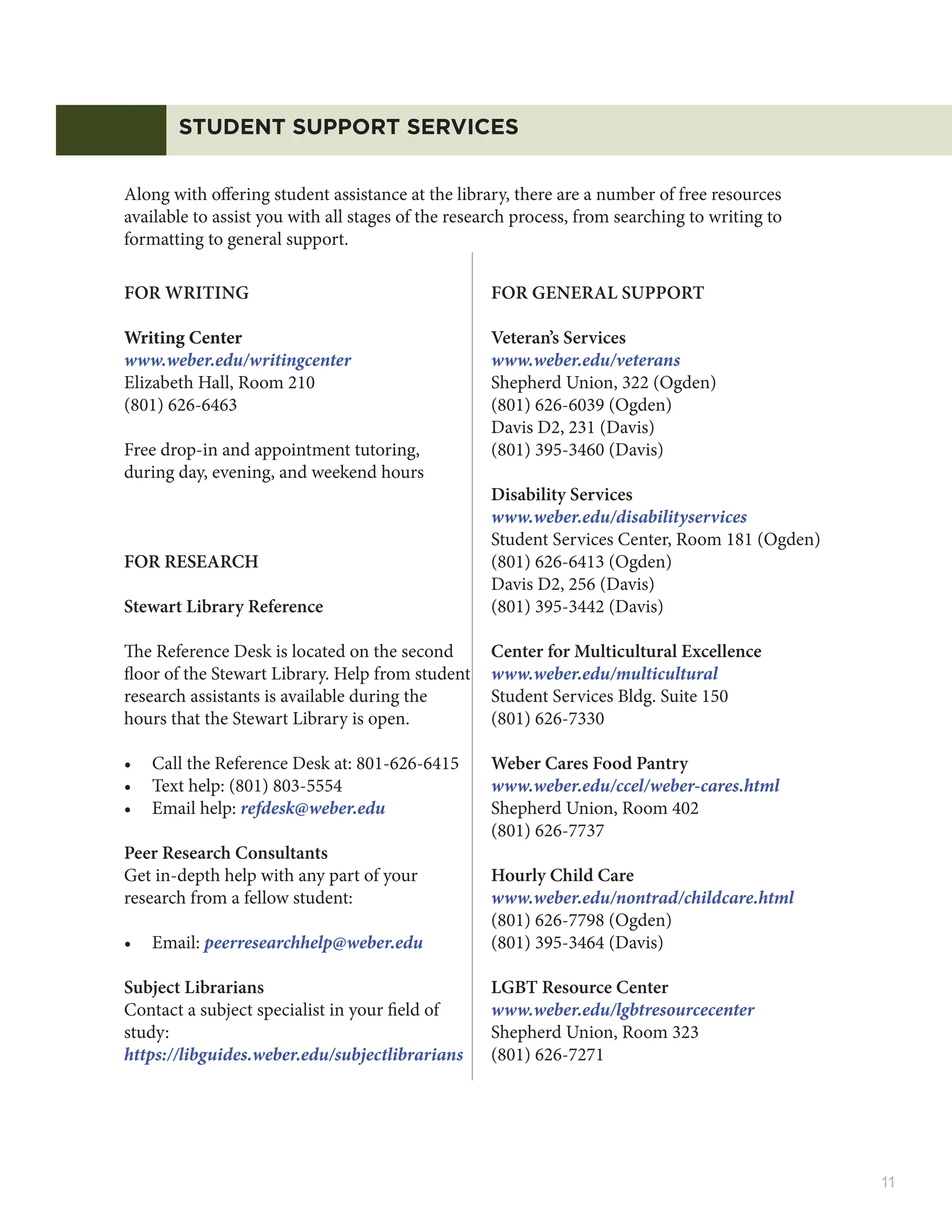 11
t
STUDENT SUPPORT SERVICES
)
Along with offering student assistance at the library, there are a number of free resources
available to assist you with all stages of the research process, from searching to writing to
formatting to general support.
FOR WRITING
Writing Center
www.weber.edu/writingcenter
Elizabeth Hall, Room 210
(801) 626-6463
Free drop-in and appointment tutoring,
during day, evening, and weekend hours
FOR RESEARCH
Stewart Library Reference
The Reference Desk is located on the second
floor of the Stewart Library. Help from studen
research assistants is available during the
hours that the Stewart Library is open.
• Call the Reference Desk at: 801-626-6415
• Text help: (801) 803-5554
• Email help: refdesk@weber.edu
Peer Research Consultants
Get in-depth help with any part of your
research from a fellow student:
• Email: peerresearchhelp@weber.edu
Subject Librarians
Contact a subject specialist in your field of
study:
https://libguides.weber.edu/subjectlibrarians
FOR GENERAL SUPPORT
Veteran’s Services
www.weber.edu/veterans
Shepherd Union, 322 (Ogden)
(801) 626-6039 (Ogden)
Davis D2, 231 (Davis)
(801) 395-3460 (Davis)
Disability Services
www.weber.edu/disabilityservices
Student Services Center, Room 181 (Ogden
(801) 626-6413 (Ogden)
Davis D2, 256 (Davis)
(801) 395-3442 (Davis)
Center for Multicultural Excellence
www.weber.edu/multicultural
Student Services Bldg. Suite 150
(801) 626-7330
Weber Cares Food Pantry
www.weber.edu/ccel/weber-cares.html
Shepherd Union, Room 402
(801) 626-7737
Hourly Child Care
www.weber.edu/nontrad/childcare.html
(801) 626-7798 (Ogden)
(801) 395-3464 (Davis)
LGBT Resource Center
www.weber.edu/lgbtresourcecenter
Shepherd Union, Room 323
(801) 626-7271
 