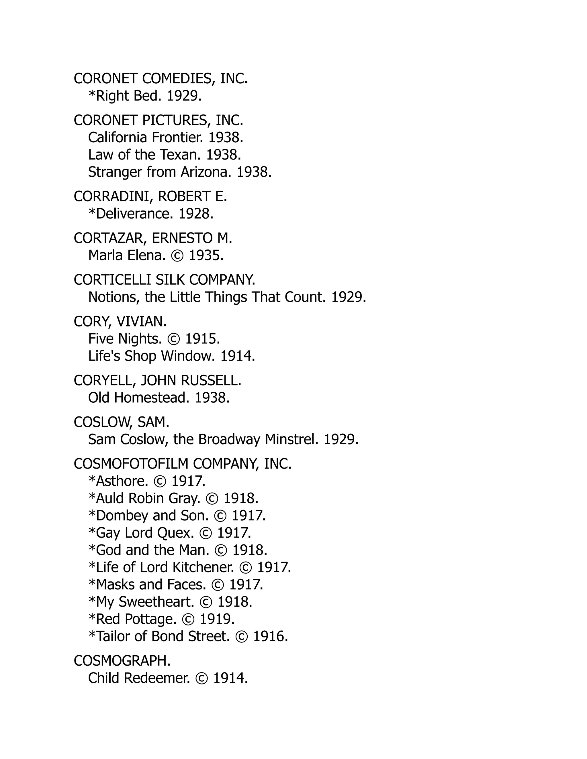 CORONET COMEDIES, INC.
*Right Bed. 1929.
CORONET PICTURES, INC.
California Frontier. 1938.
Law of the Texan. 1938.
Stranger from Arizona. 1938.
CORRADINI, ROBERT E.
*Deliverance. 1928.
CORTAZAR, ERNESTO M.
Marla Elena. © 1935.
CORTICELLI SILK COMPANY.
Notions, the Little Things That Count. 1929.
CORY, VIVIAN.
Five Nights. © 1915.
Life's Shop Window. 1914.
CORYELL, JOHN RUSSELL.
Old Homestead. 1938.
COSLOW, SAM.
Sam Coslow, the Broadway Minstrel. 1929.
COSMOFOTOFILM COMPANY, INC.
*Asthore. © 1917.
*Auld Robin Gray. © 1918.
*Dombey and Son. © 1917.
*Gay Lord Quex. © 1917.
*God and the Man. © 1918.
*Life of Lord Kitchener. © 1917.
*Masks and Faces. © 1917.
*My Sweetheart. © 1918.
*Red Pottage. © 1919.
*Tailor of Bond Street. © 1916.
COSMOGRAPH.
Child Redeemer. © 1914.
 