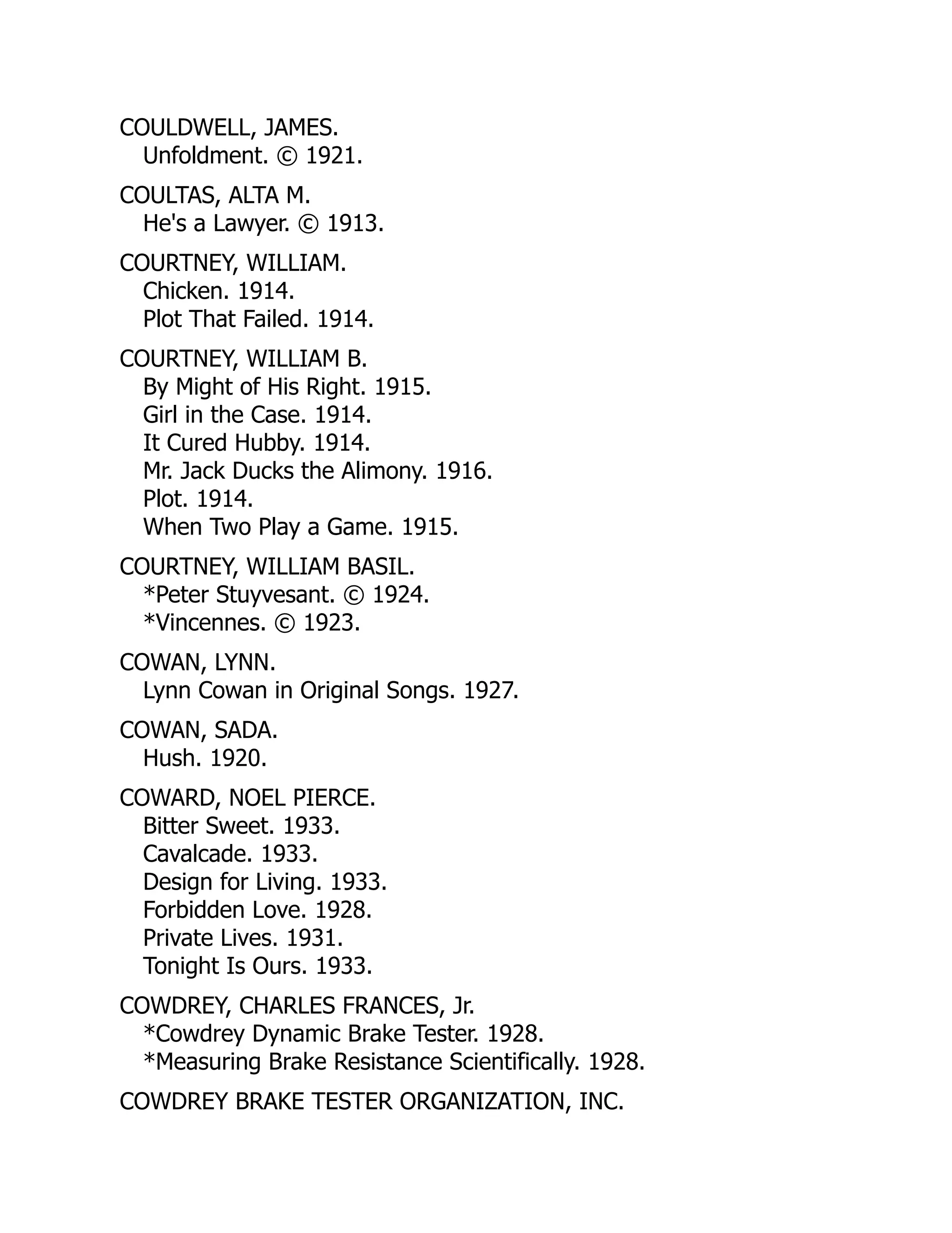 COULDWELL, JAMES.
Unfoldment. © 1921.
COULTAS, ALTA M.
He's a Lawyer. © 1913.
COURTNEY, WILLIAM.
Chicken. 1914.
Plot That Failed. 1914.
COURTNEY, WILLIAM B.
By Might of His Right. 1915.
Girl in the Case. 1914.
It Cured Hubby. 1914.
Mr. Jack Ducks the Alimony. 1916.
Plot. 1914.
When Two Play a Game. 1915.
COURTNEY, WILLIAM BASIL.
*Peter Stuyvesant. © 1924.
*Vincennes. © 1923.
COWAN, LYNN.
Lynn Cowan in Original Songs. 1927.
COWAN, SADA.
Hush. 1920.
COWARD, NOEL PIERCE.
Bitter Sweet. 1933.
Cavalcade. 1933.
Design for Living. 1933.
Forbidden Love. 1928.
Private Lives. 1931.
Tonight Is Ours. 1933.
COWDREY, CHARLES FRANCES, Jr.
*Cowdrey Dynamic Brake Tester. 1928.
*Measuring Brake Resistance Scientifically. 1928.
COWDREY BRAKE TESTER ORGANIZATION, INC.
 