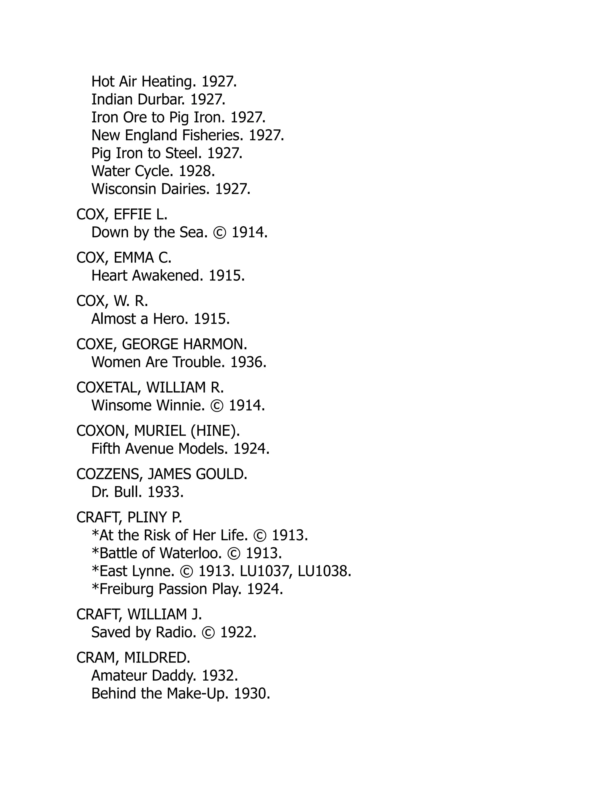 Hot Air Heating. 1927.
Indian Durbar. 1927.
Iron Ore to Pig Iron. 1927.
New England Fisheries. 1927.
Pig Iron to Steel. 1927.
Water Cycle. 1928.
Wisconsin Dairies. 1927.
COX, EFFIE L.
Down by the Sea. © 1914.
COX, EMMA C.
Heart Awakened. 1915.
COX, W. R.
Almost a Hero. 1915.
COXE, GEORGE HARMON.
Women Are Trouble. 1936.
COXETAL, WILLIAM R.
Winsome Winnie. © 1914.
COXON, MURIEL (HINE).
Fifth Avenue Models. 1924.
COZZENS, JAMES GOULD.
Dr. Bull. 1933.
CRAFT, PLINY P.
*At the Risk of Her Life. © 1913.
*Battle of Waterloo. © 1913.
*East Lynne. © 1913. LU1037, LU1038.
*Freiburg Passion Play. 1924.
CRAFT, WILLIAM J.
Saved by Radio. © 1922.
CRAM, MILDRED.
Amateur Daddy. 1932.
Behind the Make-Up. 1930.
 
