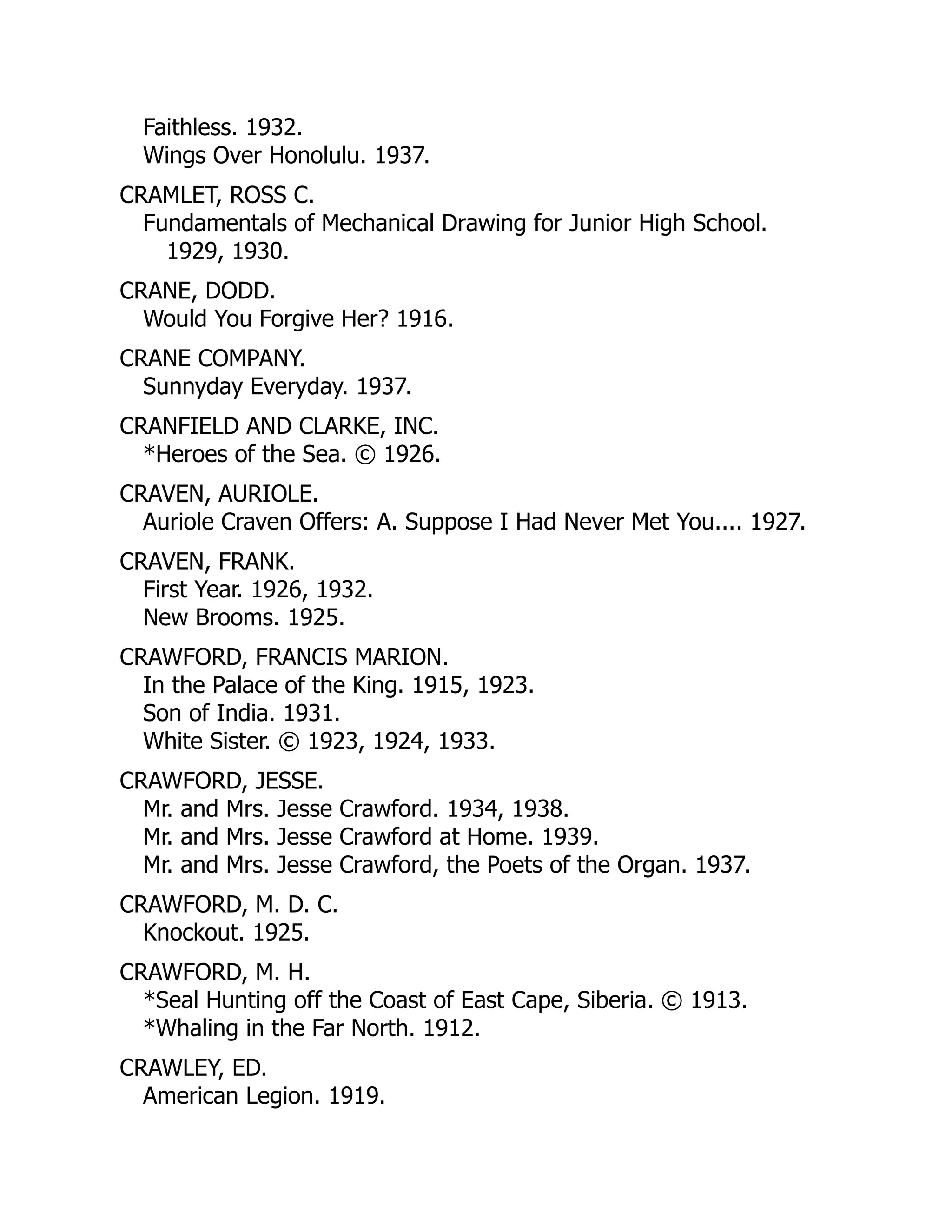 Faithless. 1932.
Wings Over Honolulu. 1937.
CRAMLET, ROSS C.
Fundamentals of Mechanical Drawing for Junior High School.
1929, 1930.
CRANE, DODD.
Would You Forgive Her? 1916.
CRANE COMPANY.
Sunnyday Everyday. 1937.
CRANFIELD AND CLARKE, INC.
*Heroes of the Sea. © 1926.
CRAVEN, AURIOLE.
Auriole Craven Offers: A. Suppose I Had Never Met You.... 1927.
CRAVEN, FRANK.
First Year. 1926, 1932.
New Brooms. 1925.
CRAWFORD, FRANCIS MARION.
In the Palace of the King. 1915, 1923.
Son of India. 1931.
White Sister. © 1923, 1924, 1933.
CRAWFORD, JESSE.
Mr. and Mrs. Jesse Crawford. 1934, 1938.
Mr. and Mrs. Jesse Crawford at Home. 1939.
Mr. and Mrs. Jesse Crawford, the Poets of the Organ. 1937.
CRAWFORD, M. D. C.
Knockout. 1925.
CRAWFORD, M. H.
*Seal Hunting off the Coast of East Cape, Siberia. © 1913.
*Whaling in the Far North. 1912.
CRAWLEY, ED.
American Legion. 1919.
 