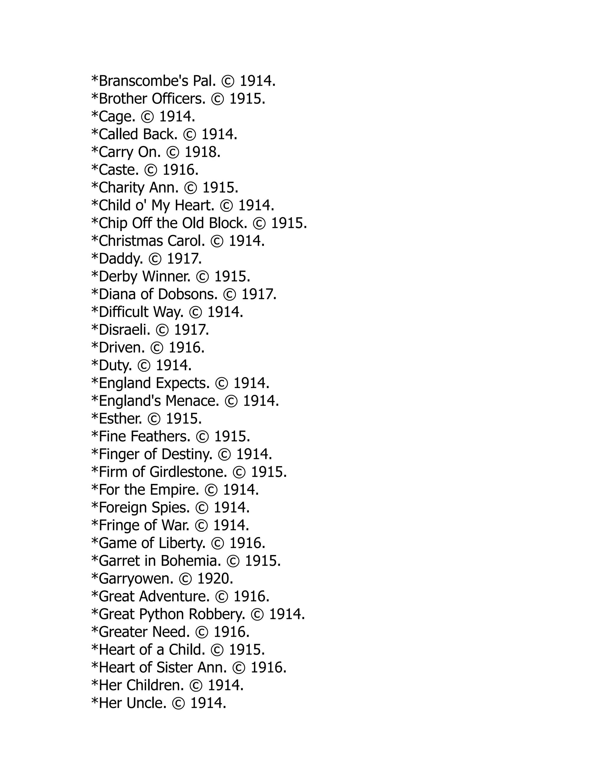 *Branscombe's Pal. © 1914.
*Brother Officers. © 1915.
*Cage. © 1914.
*Called Back. © 1914.
*Carry On. © 1918.
*Caste. © 1916.
*Charity Ann. © 1915.
*Child o' My Heart. © 1914.
*Chip Off the Old Block. © 1915.
*Christmas Carol. © 1914.
*Daddy. © 1917.
*Derby Winner. © 1915.
*Diana of Dobsons. © 1917.
*Difficult Way. © 1914.
*Disraeli. © 1917.
*Driven. © 1916.
*Duty. © 1914.
*England Expects. © 1914.
*England's Menace. © 1914.
*Esther. © 1915.
*Fine Feathers. © 1915.
*Finger of Destiny. © 1914.
*Firm of Girdlestone. © 1915.
*For the Empire. © 1914.
*Foreign Spies. © 1914.
*Fringe of War. © 1914.
*Game of Liberty. © 1916.
*Garret in Bohemia. © 1915.
*Garryowen. © 1920.
*Great Adventure. © 1916.
*Great Python Robbery. © 1914.
*Greater Need. © 1916.
*Heart of a Child. © 1915.
*Heart of Sister Ann. © 1916.
*Her Children. © 1914.
*Her Uncle. © 1914.
 