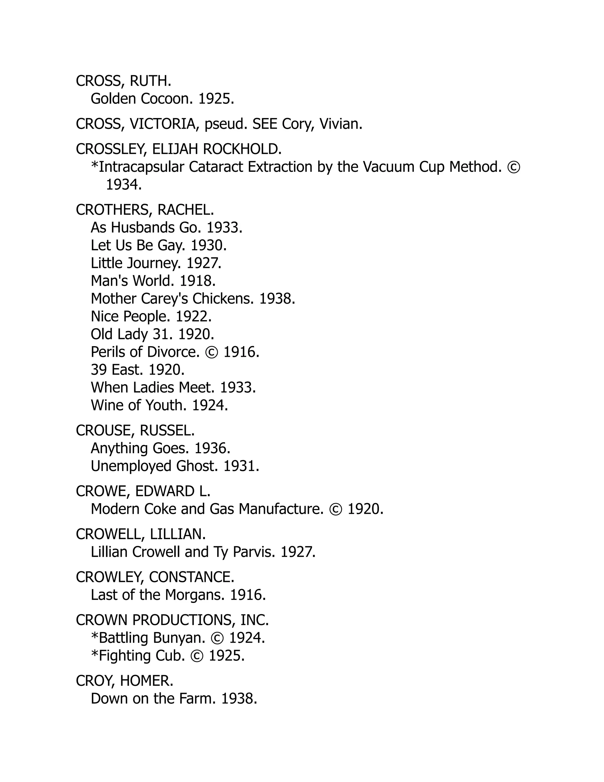 CROSS, RUTH.
Golden Cocoon. 1925.
CROSS, VICTORIA, pseud. SEE Cory, Vivian.
CROSSLEY, ELIJAH ROCKHOLD.
*Intracapsular Cataract Extraction by the Vacuum Cup Method. ©
1934.
CROTHERS, RACHEL.
As Husbands Go. 1933.
Let Us Be Gay. 1930.
Little Journey. 1927.
Man's World. 1918.
Mother Carey's Chickens. 1938.
Nice People. 1922.
Old Lady 31. 1920.
Perils of Divorce. © 1916.
39 East. 1920.
When Ladies Meet. 1933.
Wine of Youth. 1924.
CROUSE, RUSSEL.
Anything Goes. 1936.
Unemployed Ghost. 1931.
CROWE, EDWARD L.
Modern Coke and Gas Manufacture. © 1920.
CROWELL, LILLIAN.
Lillian Crowell and Ty Parvis. 1927.
CROWLEY, CONSTANCE.
Last of the Morgans. 1916.
CROWN PRODUCTIONS, INC.
*Battling Bunyan. © 1924.
*Fighting Cub. © 1925.
CROY, HOMER.
Down on the Farm. 1938.
 