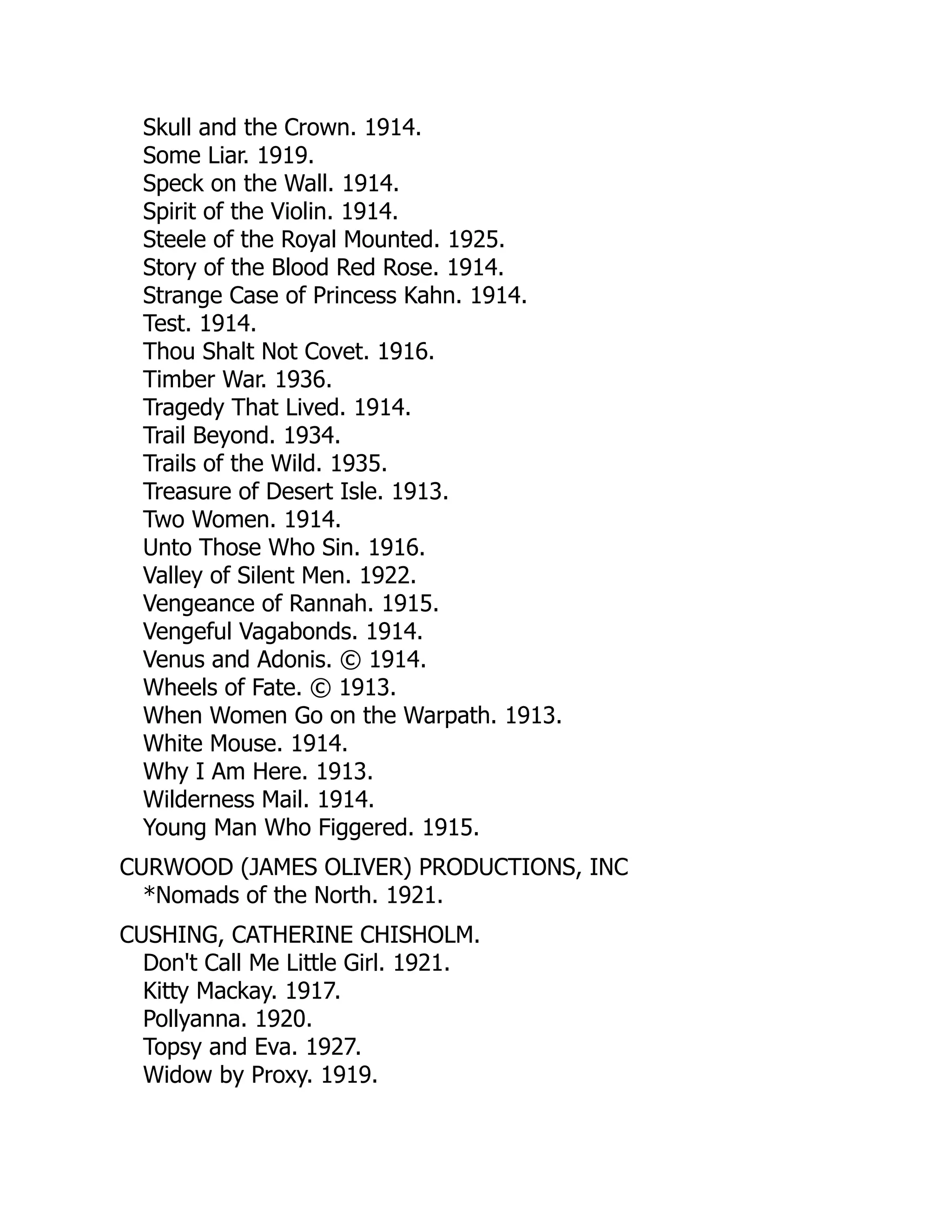 Skull and the Crown. 1914.
Some Liar. 1919.
Speck on the Wall. 1914.
Spirit of the Violin. 1914.
Steele of the Royal Mounted. 1925.
Story of the Blood Red Rose. 1914.
Strange Case of Princess Kahn. 1914.
Test. 1914.
Thou Shalt Not Covet. 1916.
Timber War. 1936.
Tragedy That Lived. 1914.
Trail Beyond. 1934.
Trails of the Wild. 1935.
Treasure of Desert Isle. 1913.
Two Women. 1914.
Unto Those Who Sin. 1916.
Valley of Silent Men. 1922.
Vengeance of Rannah. 1915.
Vengeful Vagabonds. 1914.
Venus and Adonis. © 1914.
Wheels of Fate. © 1913.
When Women Go on the Warpath. 1913.
White Mouse. 1914.
Why I Am Here. 1913.
Wilderness Mail. 1914.
Young Man Who Figgered. 1915.
CURWOOD (JAMES OLIVER) PRODUCTIONS, INC
*Nomads of the North. 1921.
CUSHING, CATHERINE CHISHOLM.
Don't Call Me Little Girl. 1921.
Kitty Mackay. 1917.
Pollyanna. 1920.
Topsy and Eva. 1927.
Widow by Proxy. 1919.
 