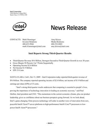 Intel Corporation
2200 Mission College Blvd.
Santa Clara, CA 95054-1549




CONTACTS: Mark Henninger                              Amy Kircos
          Investor Relations                          Media Relations
          408-653-9944                                480-552-8803
          mark.h.henninger@intel.com                  amy.kircos@intel.com


                             Intel Reports Strong Third-Quarter Results


•   Third-Quarter Revenue $9.4 Billion, Strongest Second-to-Third-Quarter Growth in over 30 years
•   Gross Margin 58 Percent, Up 7 Points Sequentially
•   Operating Income $2.6 Billion
•   Net Income $1.9 Billion
•   EPS 33 Cents


SANTA CLARA, Calif., Oct 13, 2009 – Intel Corporation today reported third-quarter revenue of
$9.4 billion. The company reported operating income of $2.6 billion, net income of $1.9 billion and
earnings per share (EPS) of 33 cents.
        “Intel’s strong third-quarter results underscore that computing is essential to people’s lives,
proving the importance of technology innovation in leading an economic recovery,” said Paul
Otellini, Intel president and CEO. “This momentum in the current economic climate, plus our product
leadership, gives us confidence about our business prospects going forward. As we look ahead,
Intel’s game-changing 32nm process technology will usher in another wave of innovation from new,
powerful Intel® Xeon™ server platforms to high-performance Intel® Core™ processors to low-
power Intel® Atom™ processors.”




                                                – more –
 