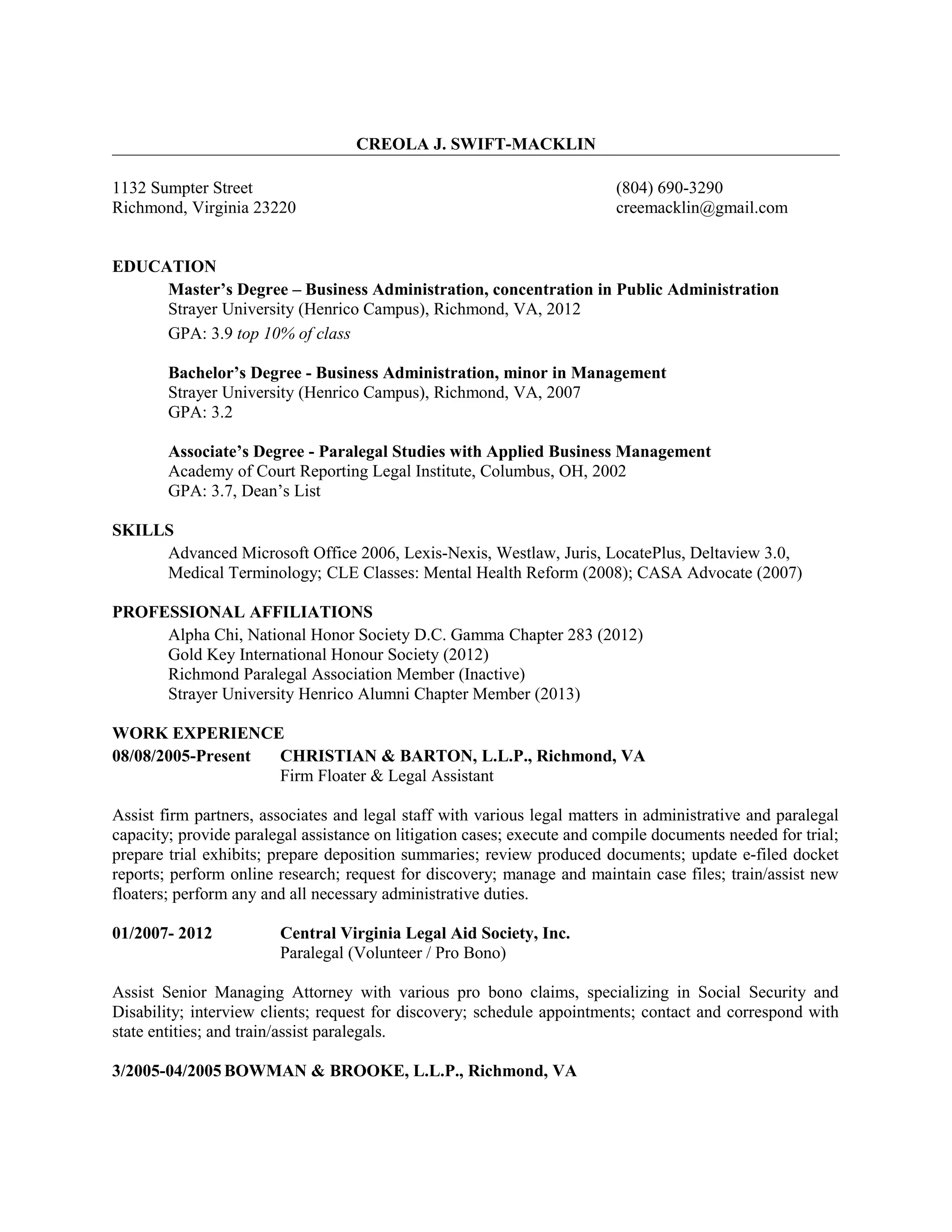 Creola J. Swift-Macklin Resume | DOC