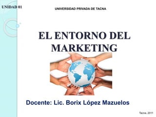 UNIDAD 01 UNIVERSIDAD PRIVADA DE TACNA
EL ENTORNO DEL
MARKETING
Docente: Lic. Borix López Mazuelos
Tacna, 2011
 