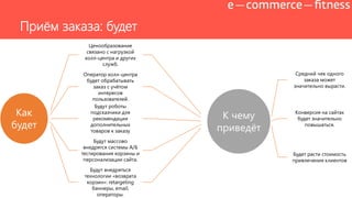 Как
будет
Ценообразование
связано с нагрузкой
колл-центра и других
служб.
Оператор колл-центра
будет обрабатывать
заказ с учѐтом
интересов
пользователей.
Будут роботы
подсказчики для
рекомендации
дополнительных
товаров к заказу
Будут массово
внедрятся системы А/Б
тестирования корзины и
персонализации сайта.
Будут внедряться
технологии «возврата
корзин»: retargeting
баннеры, email,
операторы.
К чему
приведѐт
Средний чек одного
заказа может
значительно вырасти.
Конверсия на сайтах
будет значительно
повышаться.
Будет расти стоимость
привлечения клиентов
Приѐм заказа: будет
 