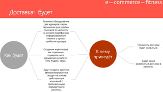 Как будет
Развитие оборудования
для курьеров: карты,
терминалы для приѐма
платежей (в частности
на основе смартфонов),
информирование
клиента о сроках
прибытия курьера.
Создание агрегаторов
как отдельных
курьеров так и
курьерских служб по
типу Яндекс. Такси.
Будут созданы крупные
автоматизированные
склады на основе
действующих
компаний с
проложенными
маршрутами в
регионы.
К чему
приведѐт
Стоимость доставки
будет снижаться.
Будет резко
развиваться доставка в
регионы.
Доставка: будет
 