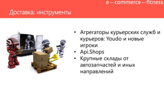 Доставка: инструменты
• Агрегаторы курьерских служб и
курьеров: Youdo и новые
игроки
• Api.Shops
• Крупные склады от
автозапчастей и иных
направлений
 
