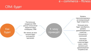 Как
будет
Постепенное
внедрение CRM
разных типов (email
маркетинговые
платформы, CRM
Все заказы во всех
каналах будут
учитываться
одинаково
К чему
приведѐт
Уровень
персонализированн
ых коммуникаций
будет возрастать.
Большую роль
будет приобретать
уровень
удовлетворѐнности
клиентом
отношении с
компанией.
Значимое
количество
клиентов будет
иметь «свои»
магазины для
удовлетворения
потребностей.
CRM: будет
 