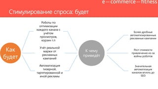 Стимулирование спроса: будет
Как
будет
Роботы по
оптимизации
каждого канала с
учѐтом
просмотров,
корзин т.п
Учѐт реальной
маржи от
рекламных
кампаний
Автоматизация
тизерной,
таргетированной и
иной рекламы
К чему
приведѐт
Более дробные
автоматизированные
рекламные кампании
Рост стоимости
привлечения из-за
войны роботов
Значительная
автоматизация
каналов вплоть до
SEO
 