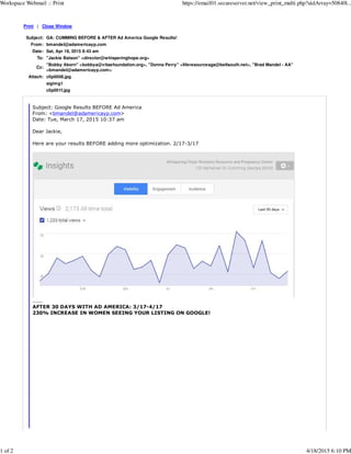 Print | Close Window
Subject: GA: CUMMING BEFORE & AFTER Ad America Google Results!
From: bmandel@adamericayp.com
Date: Sat, Apr 18, 2015 8:43 am
To: "Jackie Batson" <director@whisperinghope.org>
Cc:
"Bobby Aborn" <bobbya@vitaefoundation.org>, "Donna Perry" <liferesourcesga@bellsouth.net>, "Brad Mandel - AA"
<bmandel@adamericayp.com>
Attach: clip0008.jpg
sigimg1
clip001f.jpg
Subject: Google Results BEFORE Ad America
From: <bmandel@adamericayp.com>
Date: Tue, March 17, 2015 10:37 am
Dear Jackie,
Here are your results BEFORE adding more optimization. 2/17-3/17
......
AFTER 30 DAYS WITH AD AMERICA: 3/17-4/17
230% INCREASE IN WOMEN SEEING YOUR LISTING ON GOOGLE!
Workspace Webmail :: Print https://email01.secureserver.net/view_print_multi.php?uidArray=50840|...
1 of 2 4/18/2015 6:10 PM
 