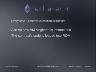 DEVIEW 2015-09-15 aeron.buchanan@ethereum.org Aeron Buchanan, V1, CC BY-SA 3.0
Every time a contract execution is initiated:
A fresh new VM singleton is instantiated
The contract's code is loaded into ROM
 