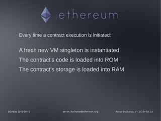 DEVIEW 2015-09-15 aeron.buchanan@ethereum.org Aeron Buchanan, V1, CC BY-SA 3.0
Every time a contract execution is initiated:
A fresh new VM singleton is instantiated
The contract's code is loaded into ROM
The contract's storage is loaded into RAM
 