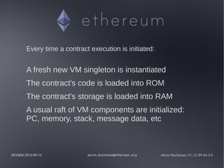 DEVIEW 2015-09-15 aeron.buchanan@ethereum.org Aeron Buchanan, V1, CC BY-SA 3.0
Every time a contract execution is initiated:
A fresh new VM singleton is instantiated
The contract's code is loaded into ROM
The contract's storage is loaded into RAM
A usual raft of VM components are initialized:
PC, memory, stack, message data, etc
 