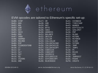 DEVIEW 2015-09-15 aeron.buchanan@ethereum.org Aeron Buchanan, V1, CC BY-SA 3.0
EVM opcodes are tailored to Ethereum's specific set-up:
0x00: STOP
0x01: ADD
0x02: MUL
0x03: SUB
0x04: DIV
0x05: SDIV
0x06: MOD
0x07: SMOD
0x08: ADDMOD
0x09: MULMOD
0x0A: EXP
0x0B: SIGNEDEXTEND
0x10: LT
0x11: GT
0x12: SLT
0x13: SGT
0x14: EQ
0x15: ISZERO
0x16: AND
0x17: OR
0x18: XOR
0x19: NOT
0x1A: BYTE
0x20: SHA3
0x30: ADDRESS
0x31: BALANCE
0x32: ORIGIN
0x33: CALLER
0x34: CALLVALUE
0x35: CALLDATALOAD
0x36: CALLDATASIZE
0x37: CALLDATACOPY
0x38: CODESIZE
0x39: CODECOPY
0x3A: GASPRICE
0x3B: EXTCODESIZE
0x3C: EXTCODECOPY
0x40: BLOCKHASH
0x00: STOP
0x01: ADD
0x02: MUL
0x03: SUB
0x04: DIV
0x05: SDIV
0x06: MOD
0x07: SMOD
0x08: ADDMOD
0x09: MULMOD
0x0A: EXP
0x0B: SIGNEDEXTEND
0x10: LT
0x11: GT
0x12: SLT
0x13: SGT
0x14: EQ
0x15: ISZERO
0x16: AND
0x41: COINBASE
0x42: TIMESTAMP
0x43: NUMBER
0x44: DIFFICULTY
0x45: GASLIMIT
0x50: POP
0x51: MLOAD
0x52: MSTORE
0x53: MSTORE8
0x54: SLOAD
0x55: SSTORE
0x56: JUMP
0x57: JUMPI
0x58: PC
0x59: MSIZE
0x5A: GAS
0x5B: JUMPDEST
0x6X: PUSHX
0xF0: CREATE
 