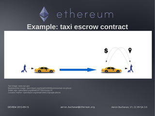 DEVIEW 2015-09-15 aeron.buchanan@ethereum.org Aeron Buchanan, V1, CC BY-SA 3.0
Taxi image: www.nyc.gov
Businessman image: openclipart.org/detail/19483/businessman-on-phone
Dollar sign: openclipart.org/detail/167795/money-20
Location marker: openclipart.org/detail/166612/google-places
Example: taxi escrow contract
 