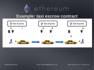 DEVIEW 2015-09-15 aeron.buchanan@ethereum.org Aeron Buchanan, V1, CC BY-SA 3.0
Taxi Escrow Taxi Escrow Taxi Escrow
Example: taxi escrow contract
 