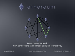 DEVIEW 2015-09-15 aeron.buchanan@ethereum.org Aeron Buchanan, V1, CC BY-SA 3.0
Peer-to-peer network:
New connections can be made to repair connectivity
 
