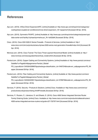 References
Apc.com. (2016). InRow Direct Expansion|APC. [online] Available at: http://www.apc.com/shop/zm/en/categories/
cooling/close-coupled-air-conditioners/inrow-direct-expansion/_/N-1wpqwmc# [Accessed 28 Apr. 2016].
Apc.com. (2016). Symmetra PX|APC. [online] Available at: http://www.apc.com/shop/zm/en/categories/power/ups/
data-center-and-facility-3-phase/symmetra-px/_/N-1sk02b8# [Accessed 28 Apr. 2016].
Cisco. (2016). Cisco ASA 5500-X Series Firewalls - Products & Services. [online] Available at: http://
www.cisco.com/c/en/us/products/security/asa-5500-series-next-generation-ﬁrewalls/index.html [Accessed 28
Apr. 2016].
Mcmcse.com. (2016). Cisco Tutorial: The Cisco Three-Layered Hierarchical Model. [online] Available at: http://
www.mcmcse.com/cisco/guides/hierarchical_model.shtml [Accessed 28 Apr. 2016].
Panduit.com. (2016). Copper Cabling and Connectivity Systems. [online] Available at: http://www.panduit.com/wcs/
Satellite?c=Page&childpagename=Panduit_Global/
PG_Layout&cid=1345564328987&packedargs=classiﬁcation_id=1949724&locale=en_us&pagename=PG_Wr
apper [Accessed 28 Apr. 2016].
Panduit.com. (2016). Fiber Cabling and Connectivity Systems. [online] Available at: http://www.panduit.com/wcs/
Satellite?c=Page&childpagename=Panduit_Global/
PG_Layout&cid=1345564329011&packedargs=classiﬁcation_id=1978676&locale=en_us&pagename=PG_Wr
apper [Accessed 28 Apr. 2016].
Services, P. (2016). Security - Products & Solutions. [online] Cisco. Available at: http://www.cisco.com/c/en/us/
products/security/product-listing.html#Firewalls [Accessed 28 Apr. 2016].
Services, P., Routers, C., Literature, D. and Sheets, D. (2016). Cisco 4000 Series Integrated Services Router
Family Ordering Guide. [online] Cisco. Available at: http://www.cisco.com/c/en/us/products/collateral/routers/
4000-series-integrated-services-routers-isr/guide-c07-732797.html [Accessed 28 Apr. 2016].
/32
 