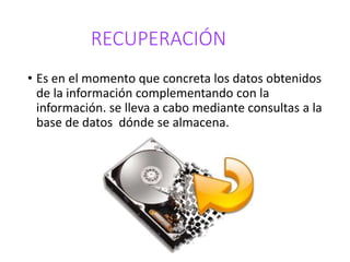 RECUPERACIÓN
• Es en el momento que concreta los datos obtenidos
de la información complementando con la
información. se lleva a cabo mediante consultas a la
base de datos dónde se almacena.
 