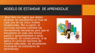 MODELO DE ESTÁNDAR DE APRENDIZAJE
• describen los logros que deben
alcanzar los estudiantes al final de
cada uno de los cinco niveles
establecidos. Por su parte, el
currículo nacional contiene las
herramientas necesarias para que el
estudiante en cada año lectivo
pueda ir aproximándose a estos
estándares. En consecuencia, si se
aplica el currículo nacional de
manera adecuada, los estudiantes
alcanzarán los estándares de
aprendizaje
 