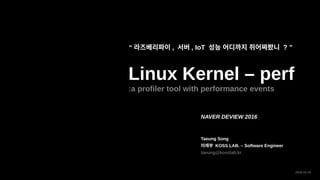 NAVER DEVIEW 2016
Taeung Song
미래부 KOSS LAB. – Software Engineer
taeung@kosslab.kr
2016-10-25
“ 라즈베리파이 , 서버 , IoT 성능 어디까지 쥐어짜봤니 ? ”
Linux Kernel – perf
:a profiler tool with performance events
 
